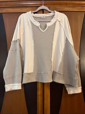 POL Oversized Cream & Tan Multi-Textured Pullover Sweatshirt w/Raw Seam Edges